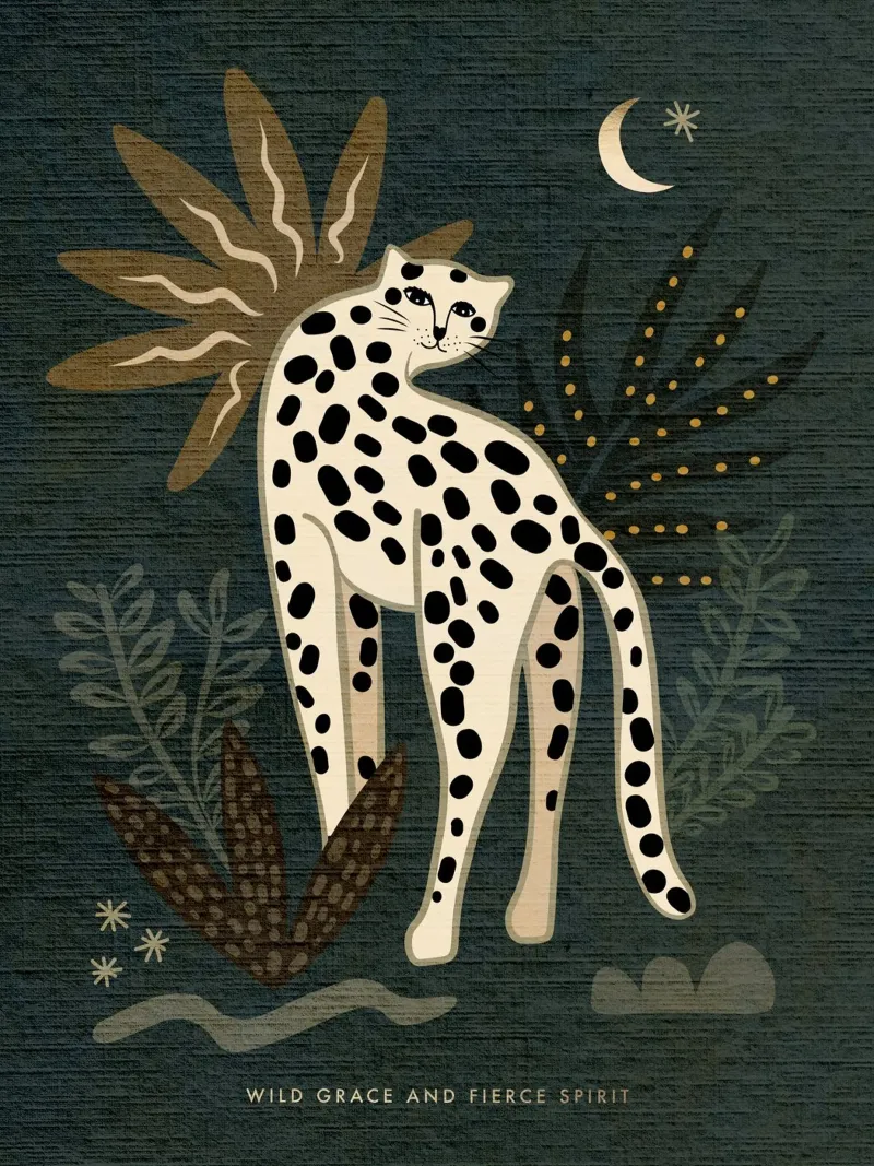 Dark Moody Wild Cat Cheetah 'Wild Grace and Fierce Spirit' (Wilde genade en woeste geest) poster met houten frame van Dominique Vari