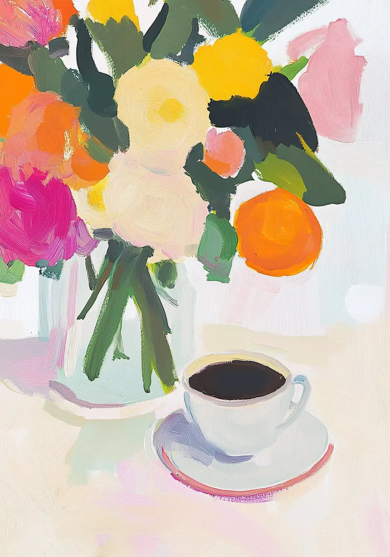 Natura morta caffè fiori fauvismo arte moderna naïf pellicola backlit da Euphoria Theresa