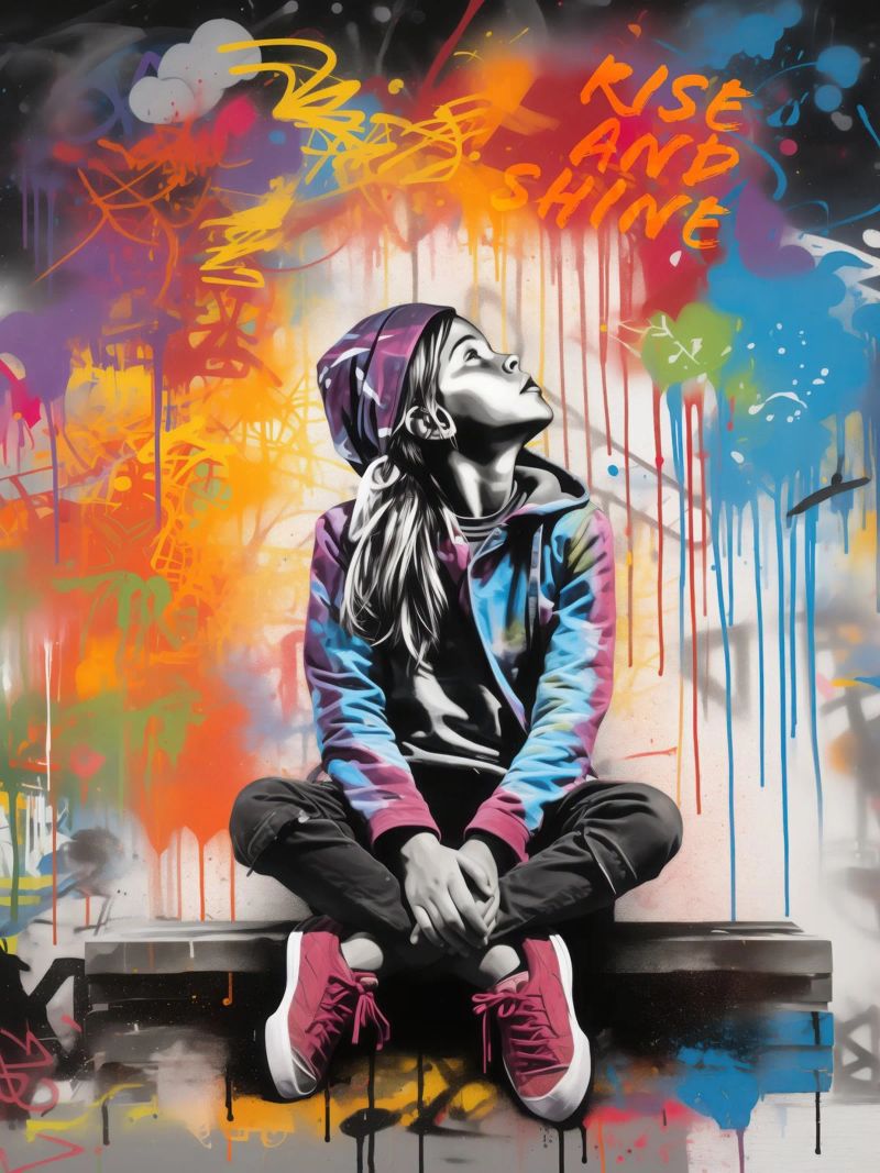 Rise and Shine | Graffiti Street Art Girl in Banksy Style Poster von Autofocus