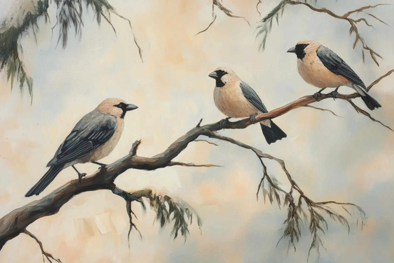 Illustrazione di uccelli su rami d'albero pellicola backlit da Melloi Art Print