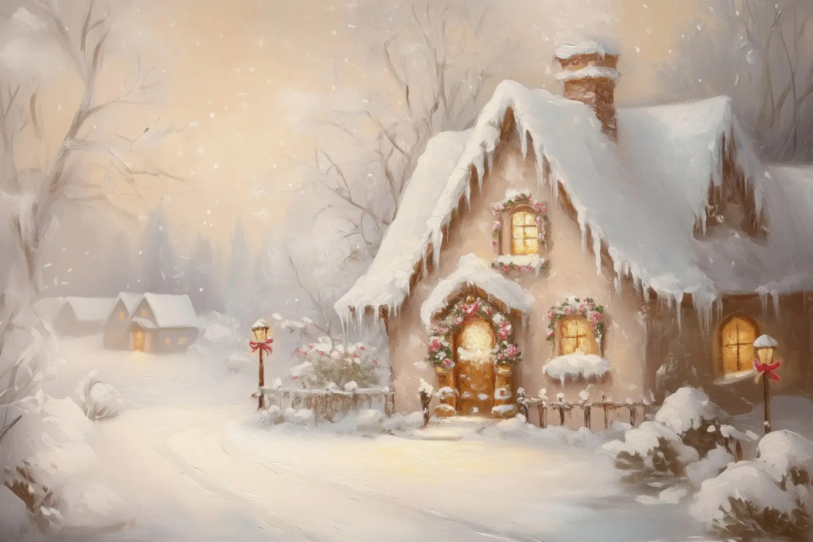 Accogliente cottage per le vacanze coperto di neve alluminio dibond da Melloi Art Print