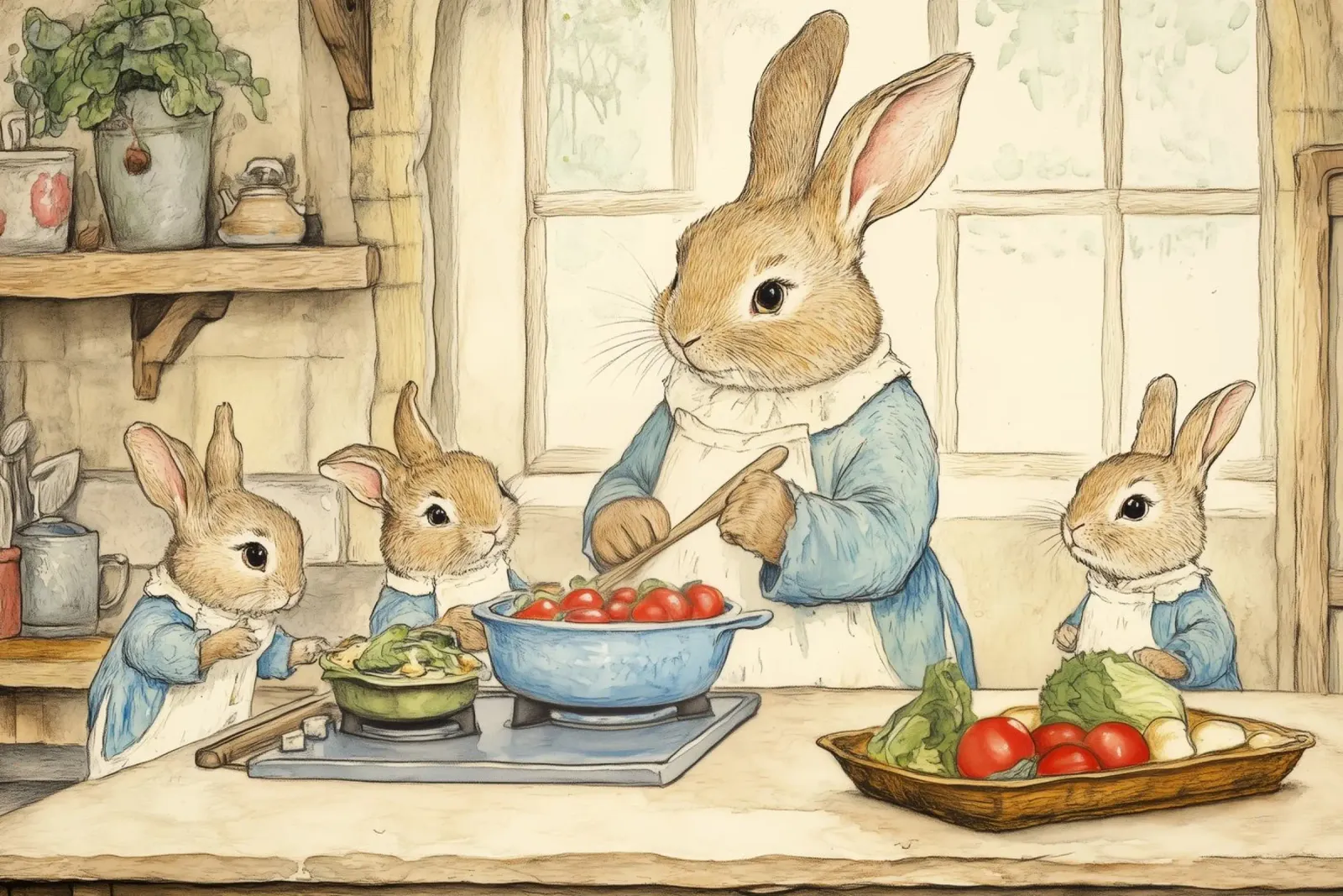 La famiglia Rabbit cucina in una cucina accogliente tela con Cornice a cassetta da Melloi Art Print