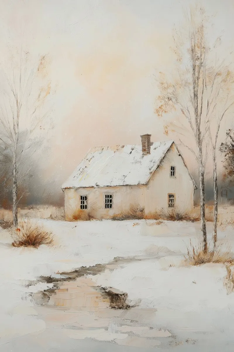 Casa coperta di neve in un paesaggio invernale pellicola backlit da Melloi Art Print