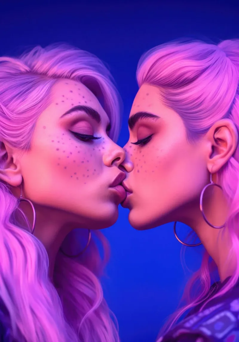 Kawaii Girls Kiss Poster mit Kunststoffrahmen von Lootprint