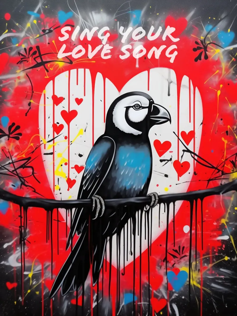 Canta la tua canzone d'amore | Graffiti Street Art con cuori tela con Cornice a cassetta da Autofocus