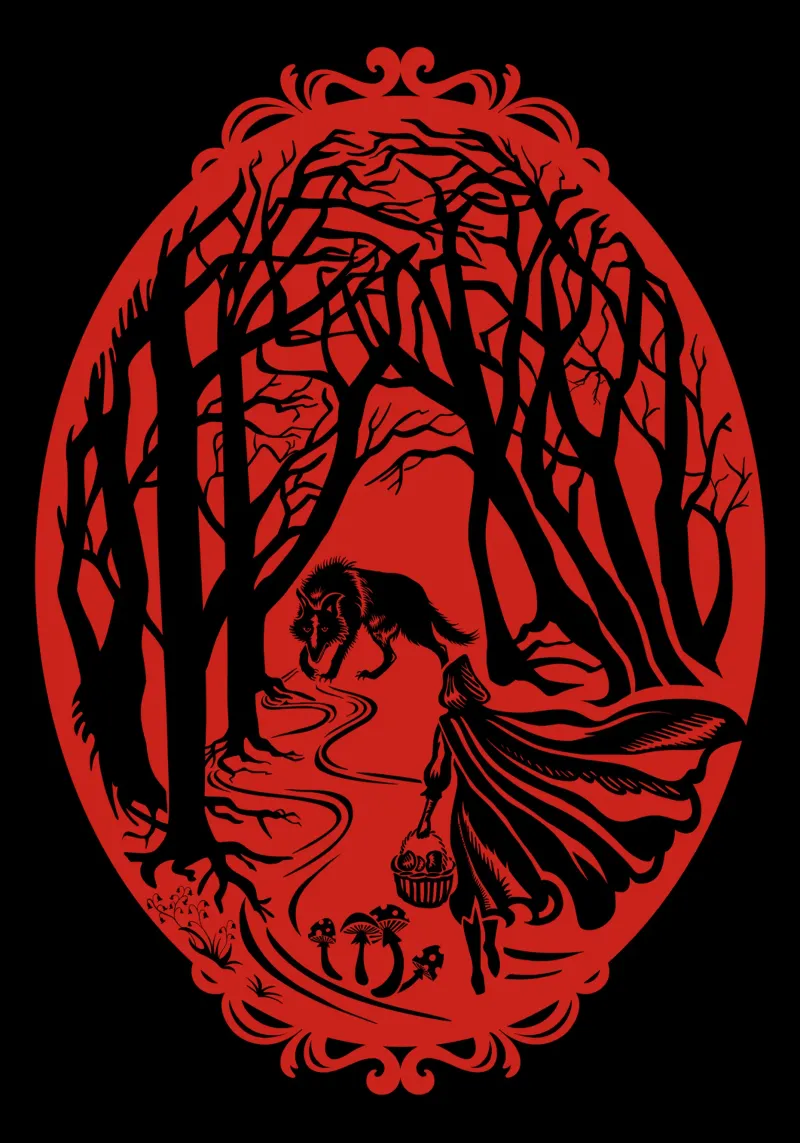 Sagoma della fiaba di Cappuccetto Rosso poster con telaio in legno da DYDesign