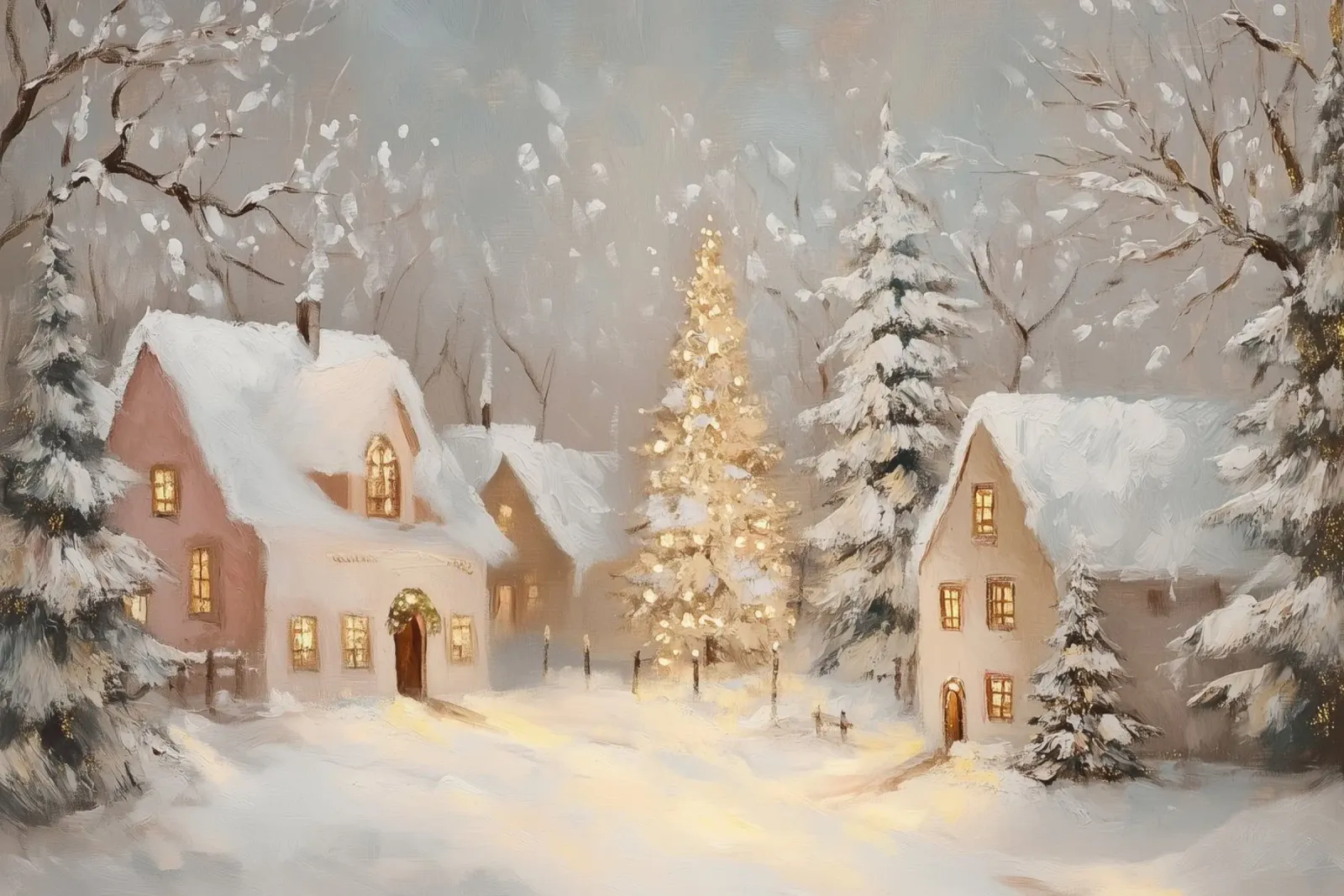 Villaggio invernale con albero di Natale in festa pellicola backlit da Melloi Art Print