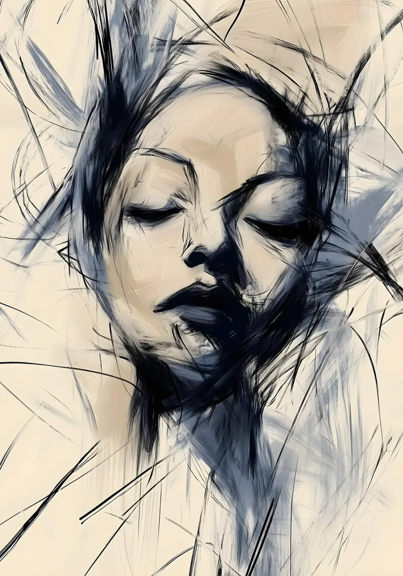 Portrait de femme - Collection abstraite bleue et beige hahnemühle de Conde Arte