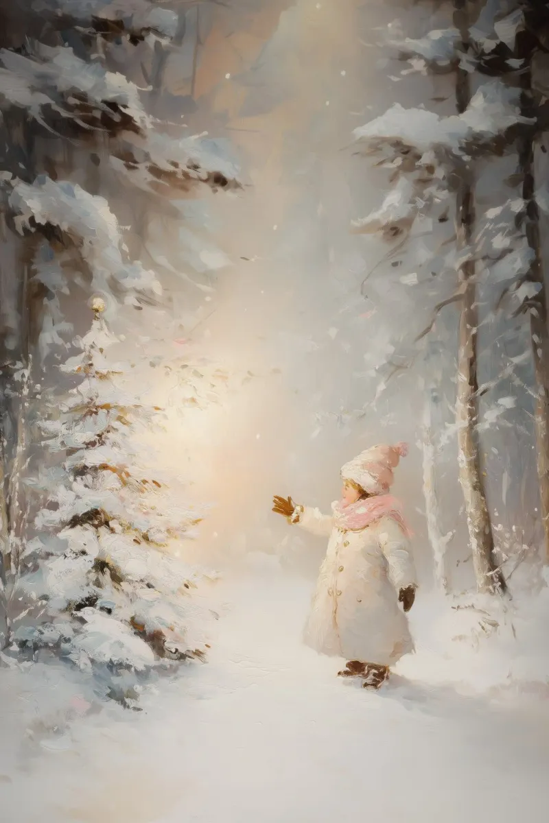 Enfant atteignant un arbre recouvert de neige dans une forêt d'hiver hahnemühle de Melloi Art Print