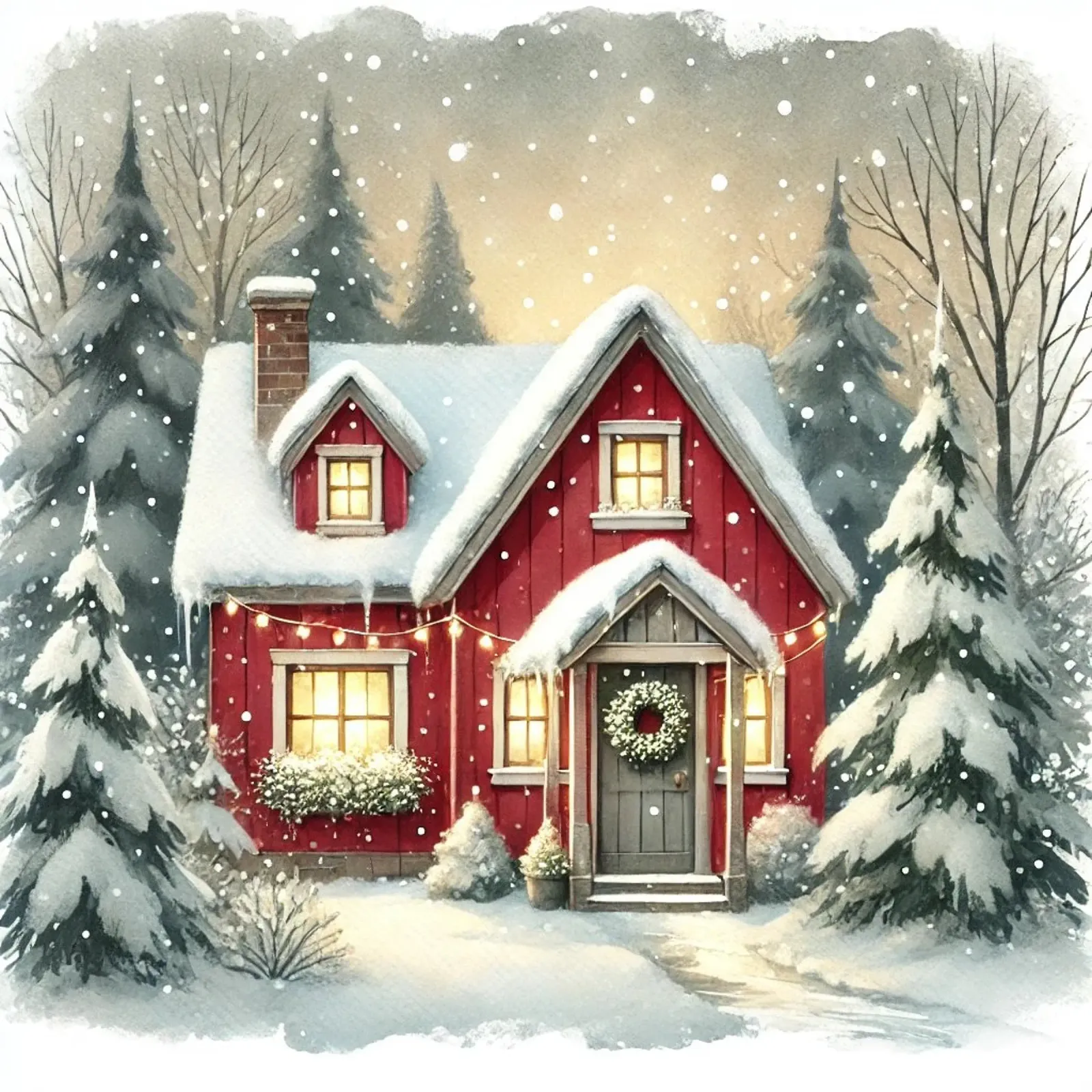 Accogliente casa rossa in un paesaggio invernale innevato carta hahnemühle da Christmas Shop