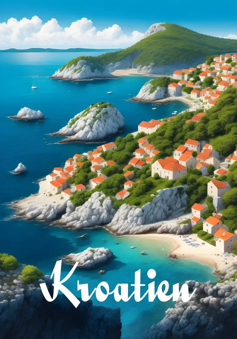 Costa della Croazia poster con telaio in legno da Charnwood Prints