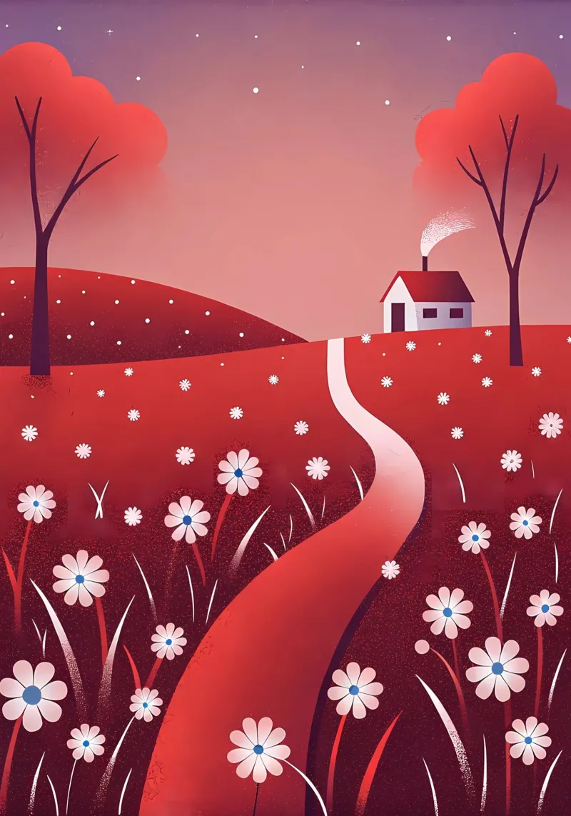 Cottage in the Red Field canvas with Floater frame by Artistic-shop