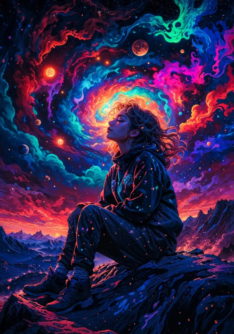 Trippelndes Neon Space Girl Hahnemühle von Lootprint
