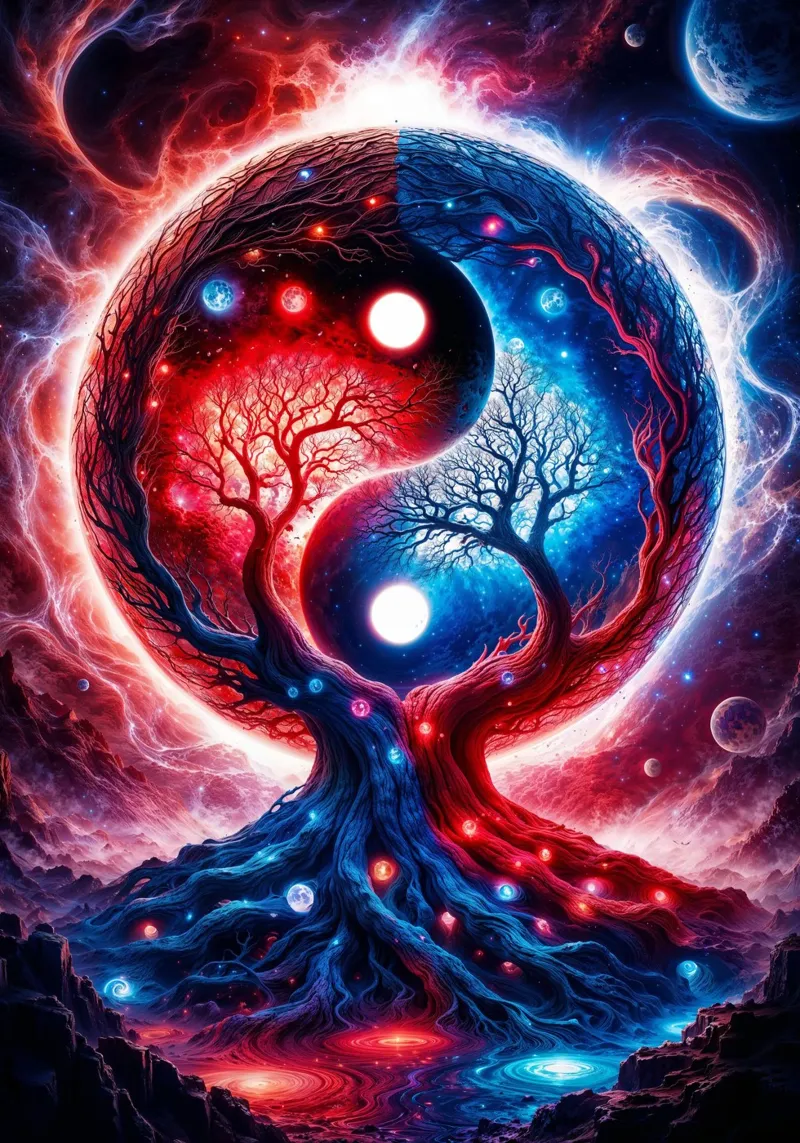 Paesaggio spaziale Yin Yang in rosso e blu pellicola backlit da Lootprint