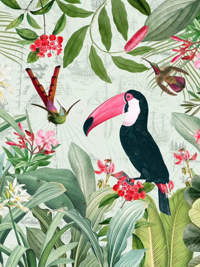 Tucano esotico nostalgico e colibrì nella giungla plexiglass da Vintage World - Uta Naumann