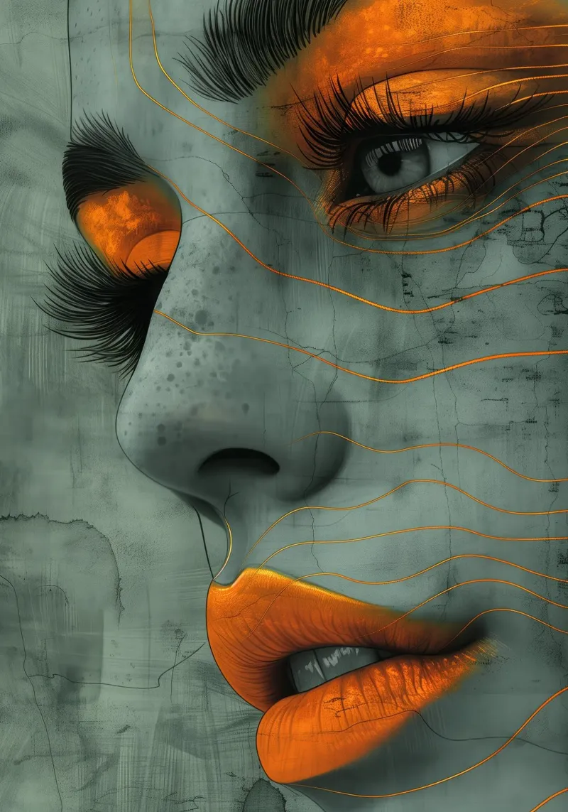 Donna viso labbra arancioni ritratto poster con telaio in plastica da Justyna Jaszke JBJart