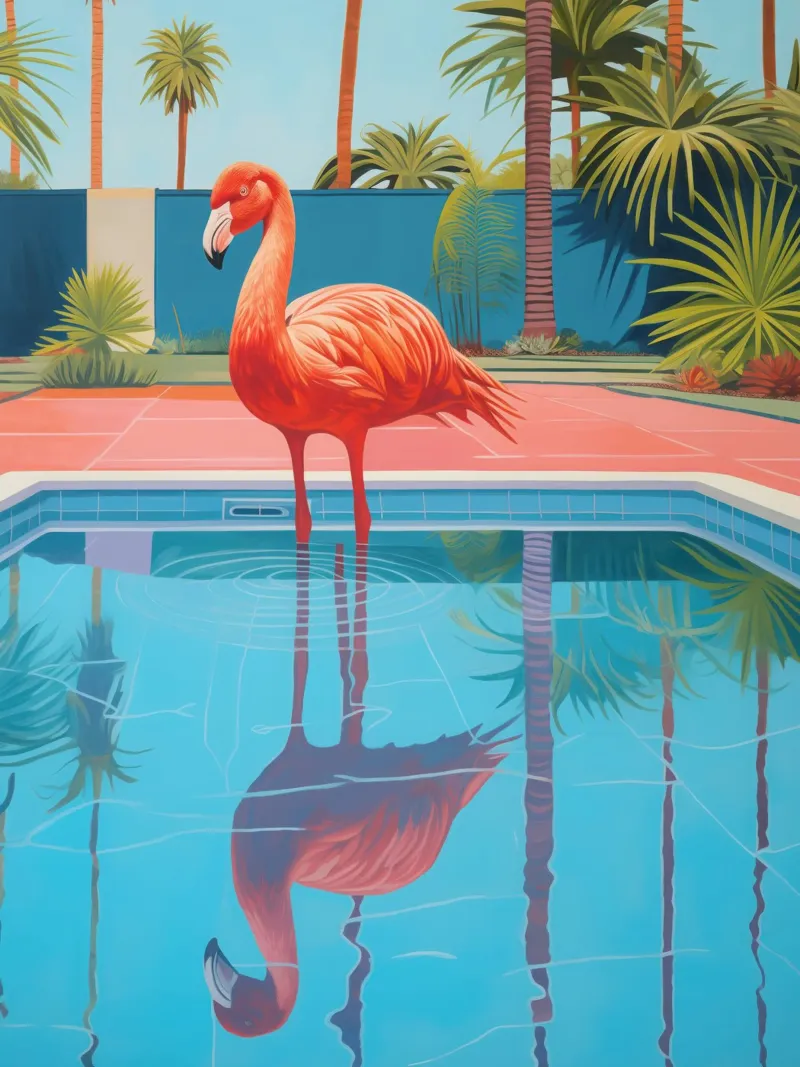 Flamingo by the pool | Shower curtain with matching towels alu-dibond by Autofocus
