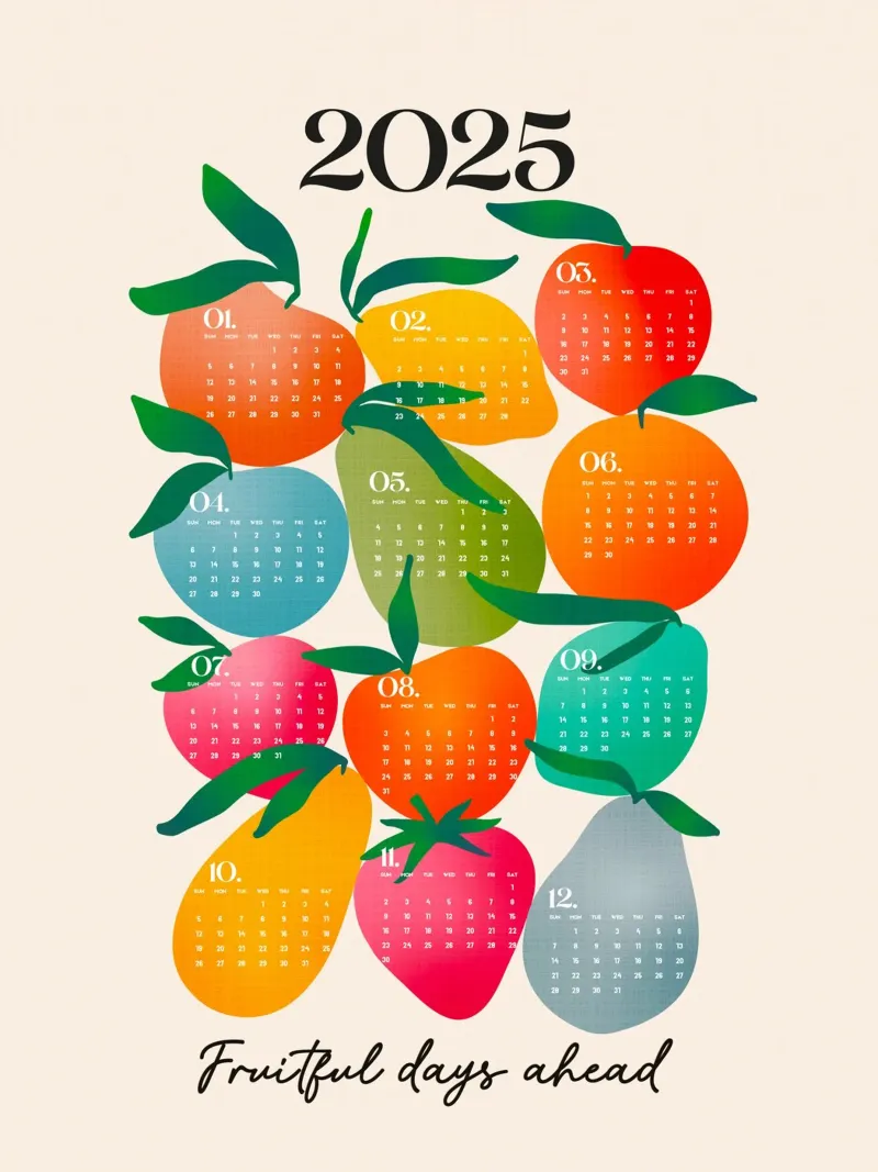 Calendario colorato del mercato della frutta 2025 "Giorni fruttuosi davanti a noi poster con telaio in legno da Dominique Vari
