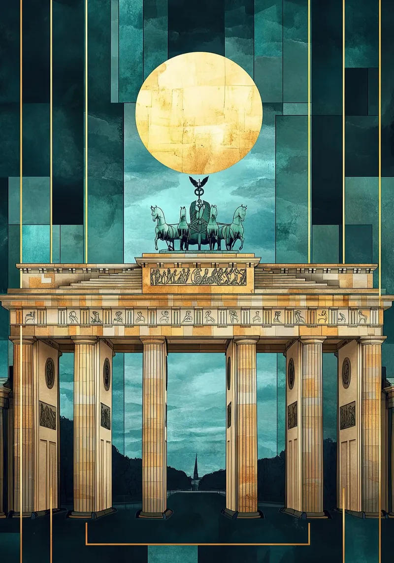 Porta di Brandeburgo di Berlino in stile Art Déco poster con telaio in plastica da Nikis Art Studio