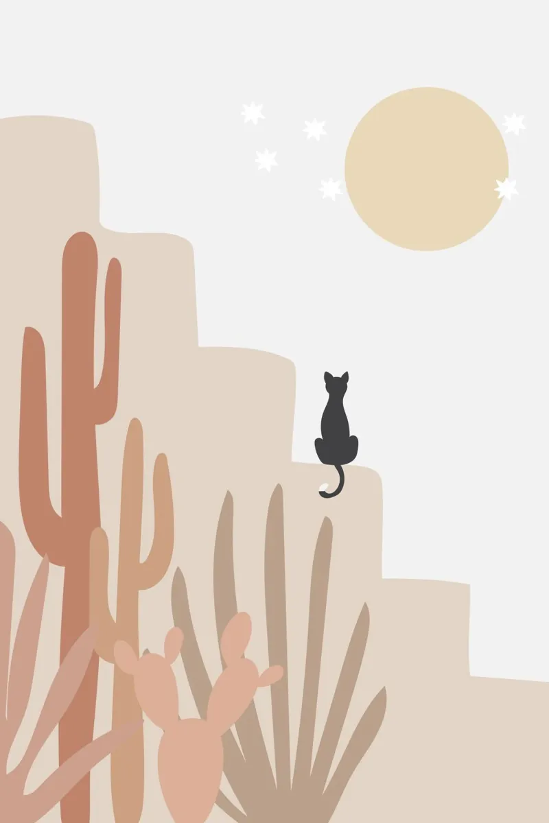 Scena di deserto con gatto e cactus poster con telaio in legno da Melloi Art Print