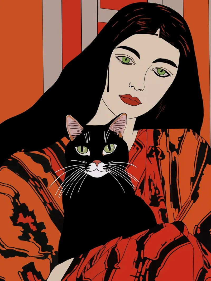 Katten hebben groene ogen | Vrouw met zwarte kat poster van Autofocus