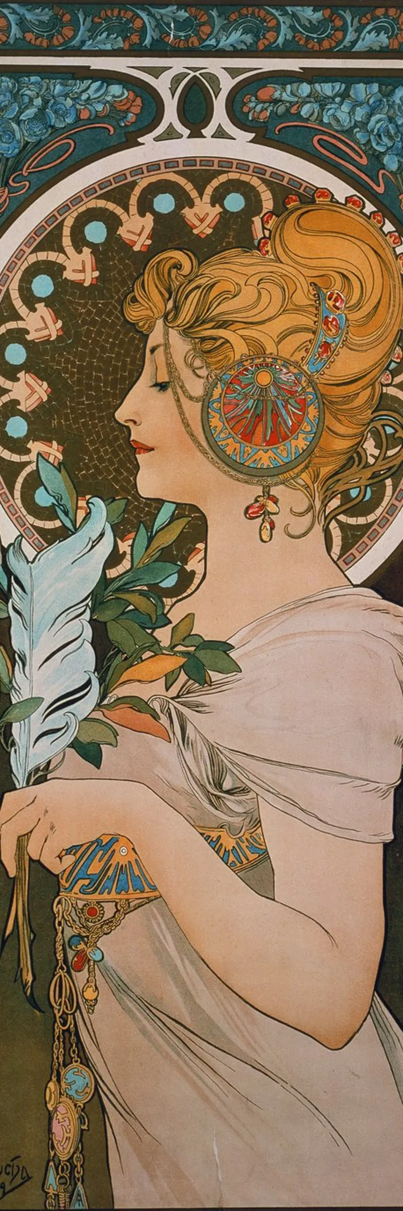 Alfons Mucha - Piuma poster con telaio in alluminio da ARTOTHEK