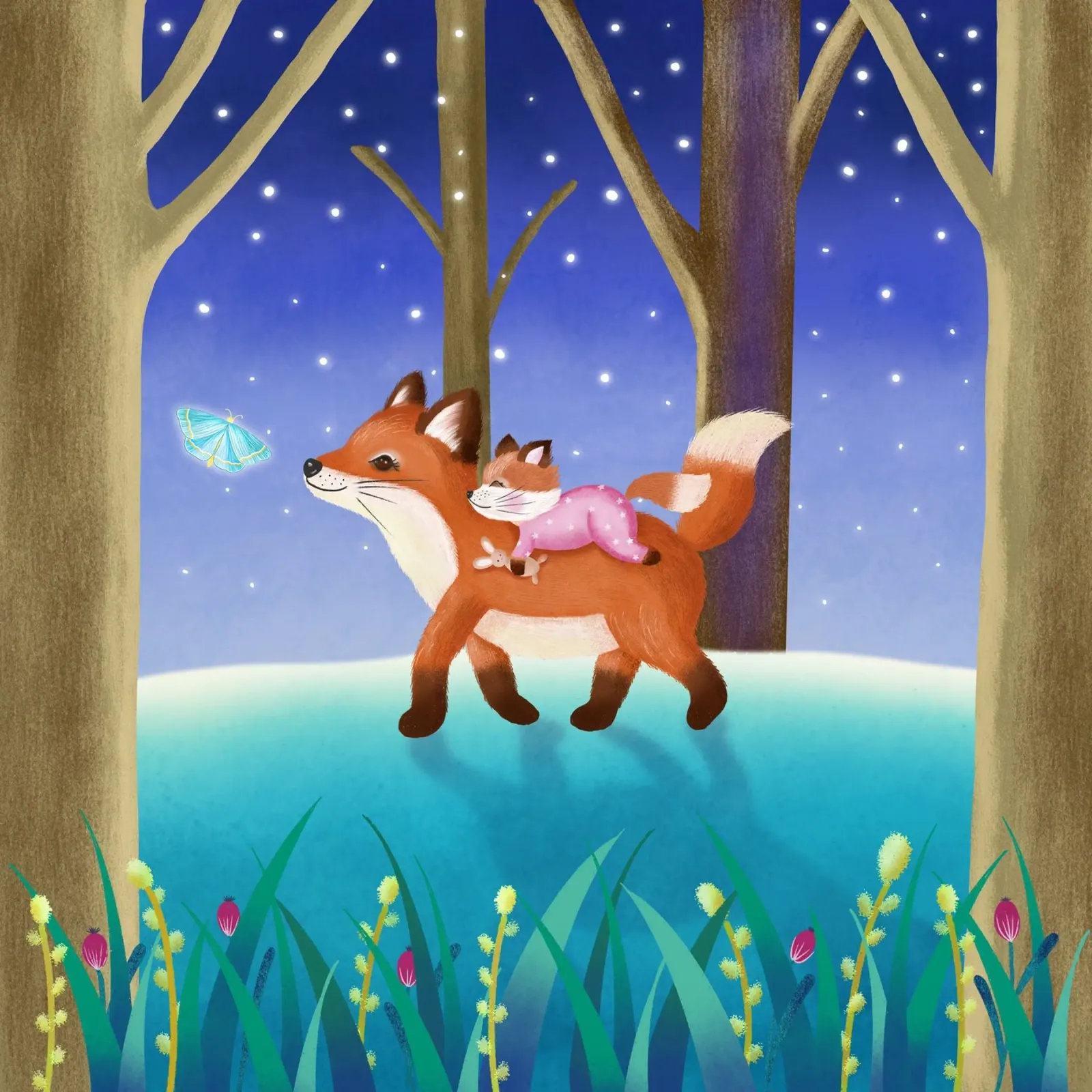 Mamá zorro con su bebé zorro en el bosque encantado. Para niños pequeños poster con marco de aluminio de CalliLetters