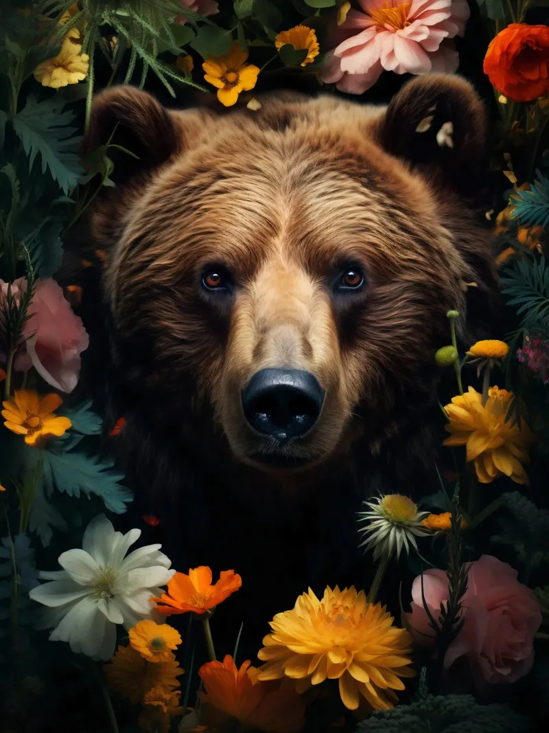 Bear Flowers poster avec cadre en aluminium de Mateo