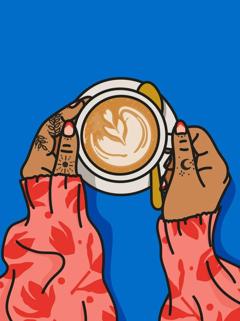 Illustrazione degli amanti del caffè Stampa d'arte con colori vivaci poster con telaio in legno da kookiepixel