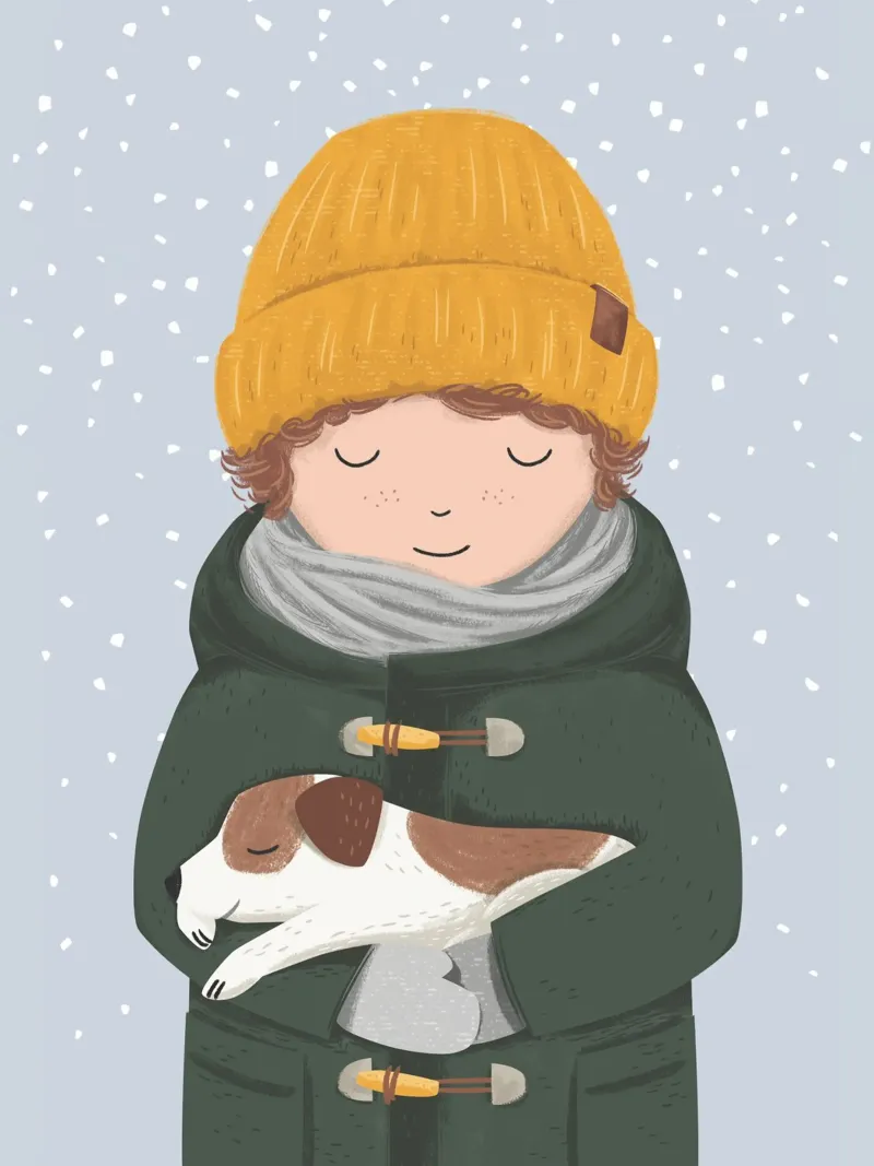 Boy with dog poster with wooden frame by VIERUNDFÜNFZIG