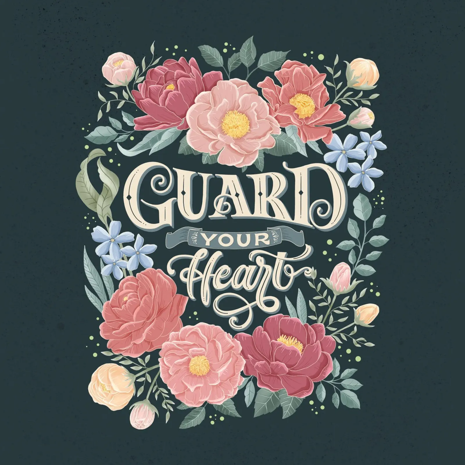 Guard Your Heart. Quote. Hand lettering with roses. Vintage. poster by CalliLetters