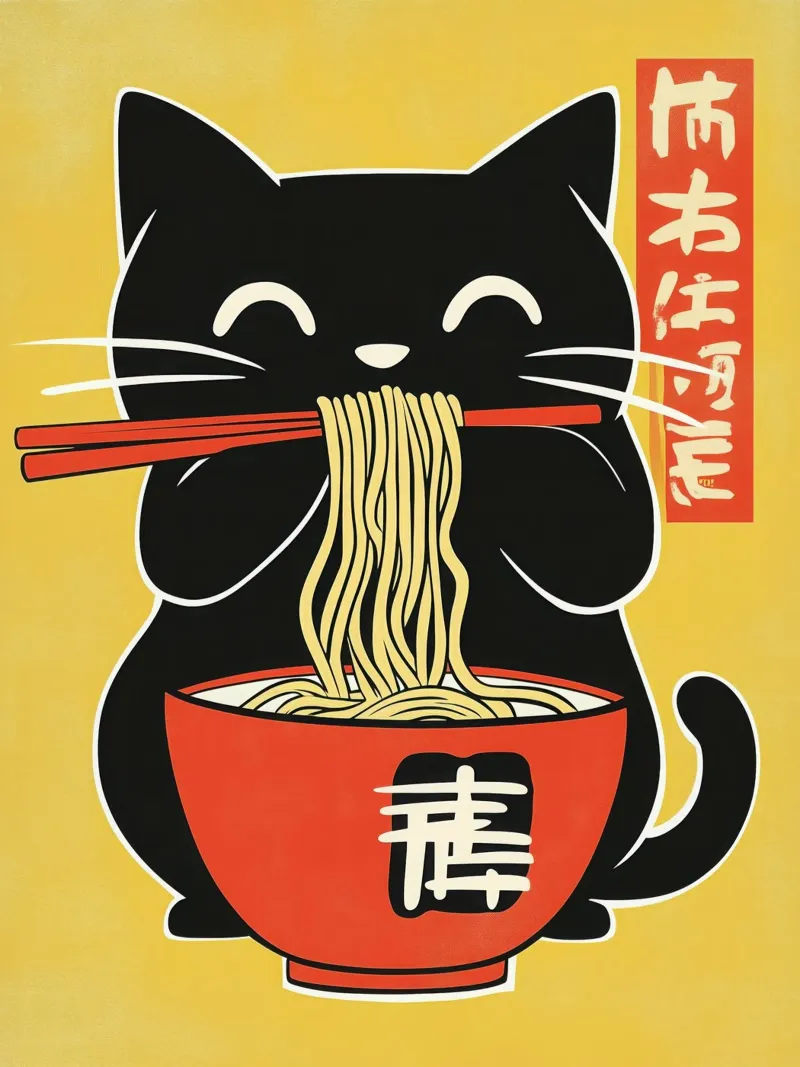 Le chat japonais aime le Ramen | Poster cuisine alu dibond de Autofocus