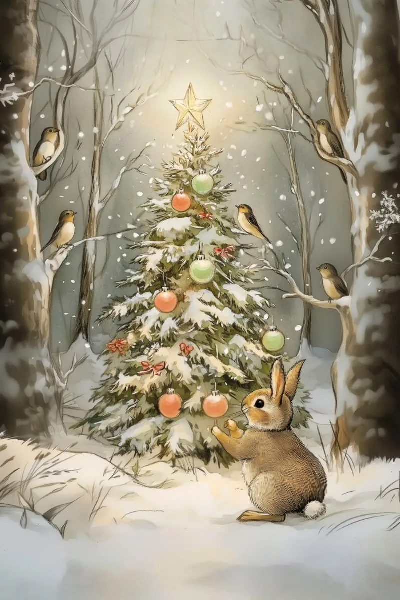 Albero di Natale nella foresta invernale pellicola backlit da Melloi Art Print