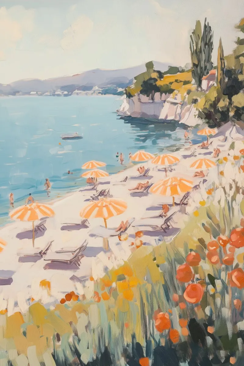 Spiaggia serena con ombrelloni a righe pellicola backlit da Melloi Art Print