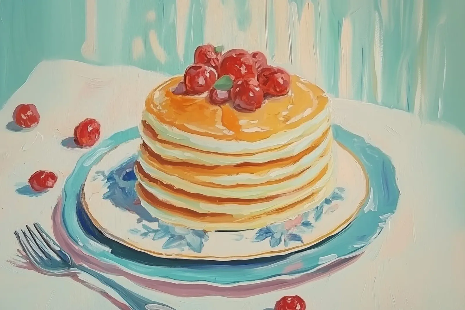 Pila di pancake con ciliegie alluminio dibond da Melloi Art Print