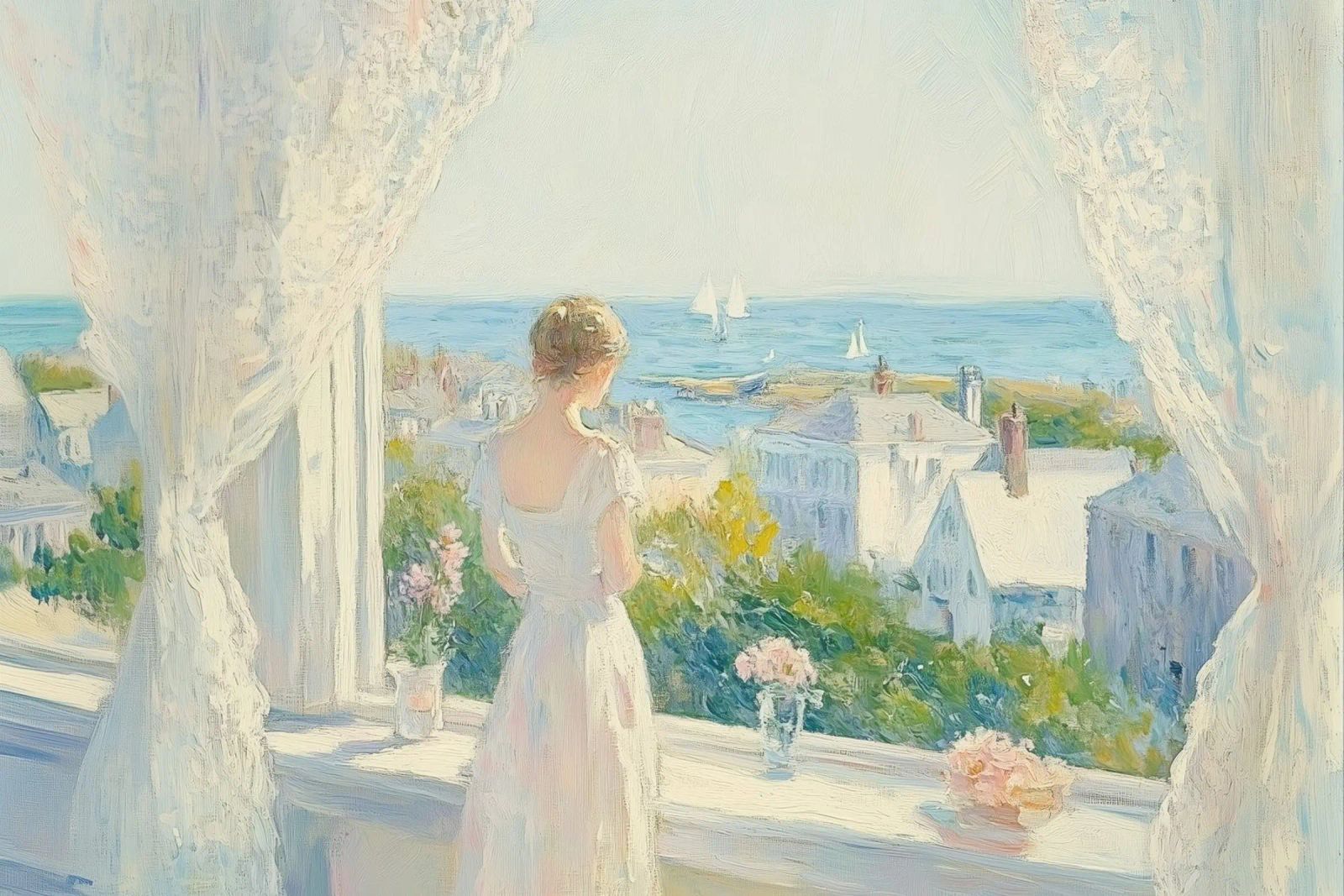 Woman at Window Overlooking Coastal Town poster by Melloi Art Print