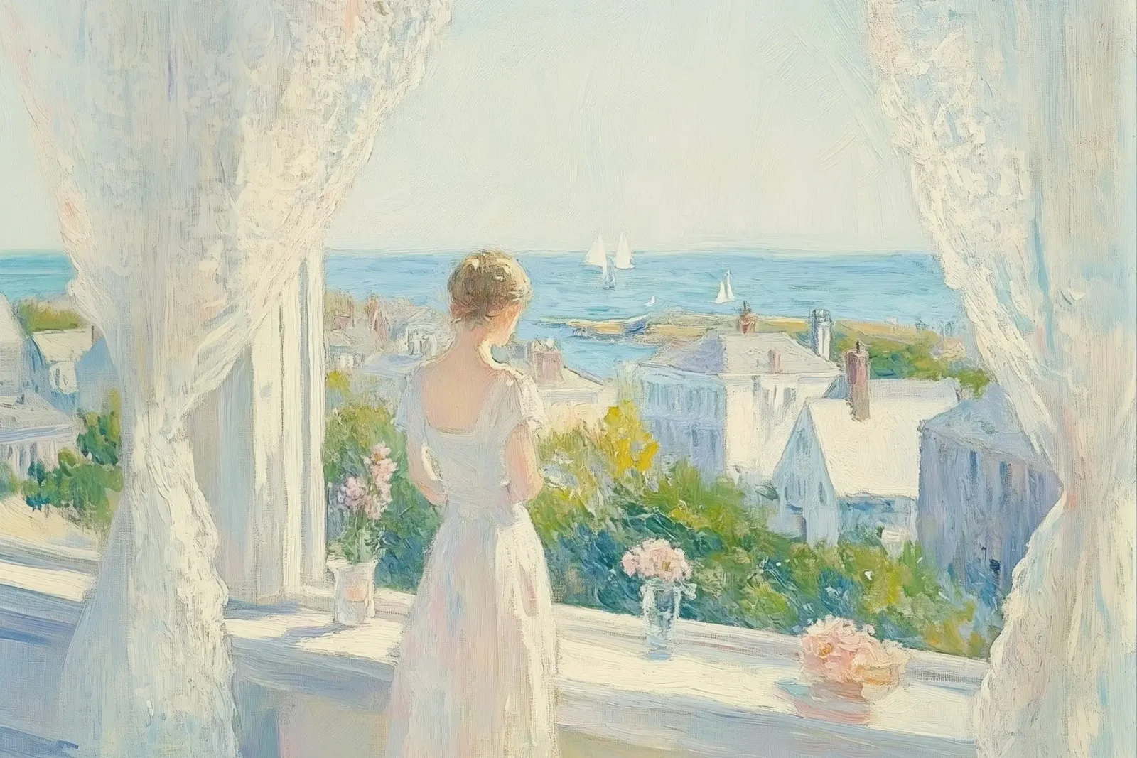 Mujer en una ventana con vistas a una ciudad costera poster de Melloi Art Print