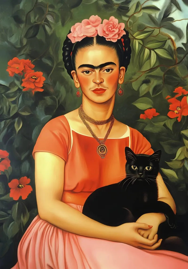 Frida Kahlo with Black Cat portrait pellicola backlit da IamHomeStudio