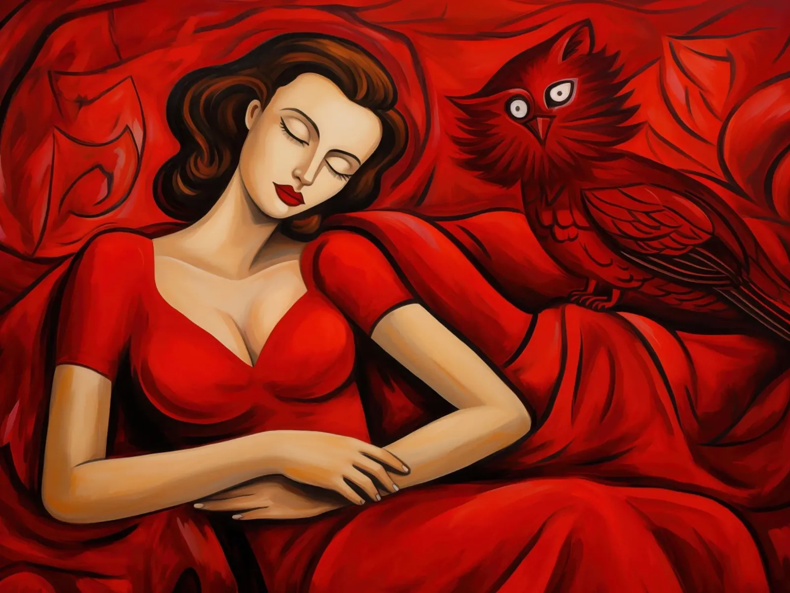 Sogno rosso | Donna con gufo | Pittura classica carta hahnemühle da Autofocus
