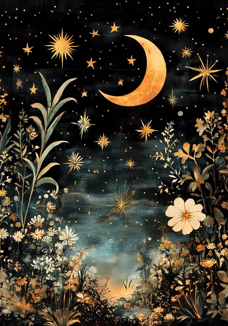 Celestial Night Sky, Moon Stars Flowers poster by Olga Wildrose