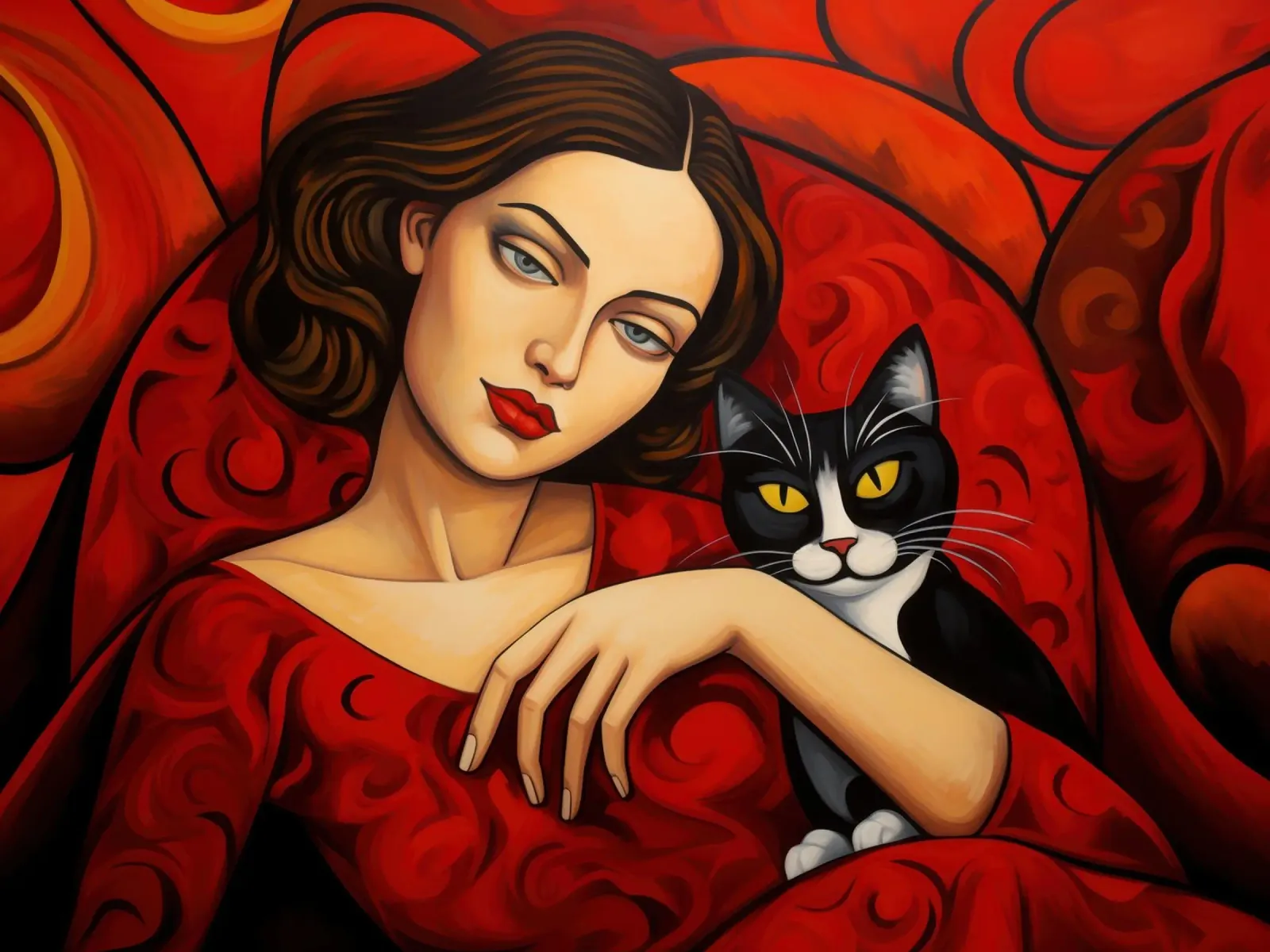 Portret vrouw met zwarte kat | Art Deco schilderij in rood canvas met Baklijst van Autofocus