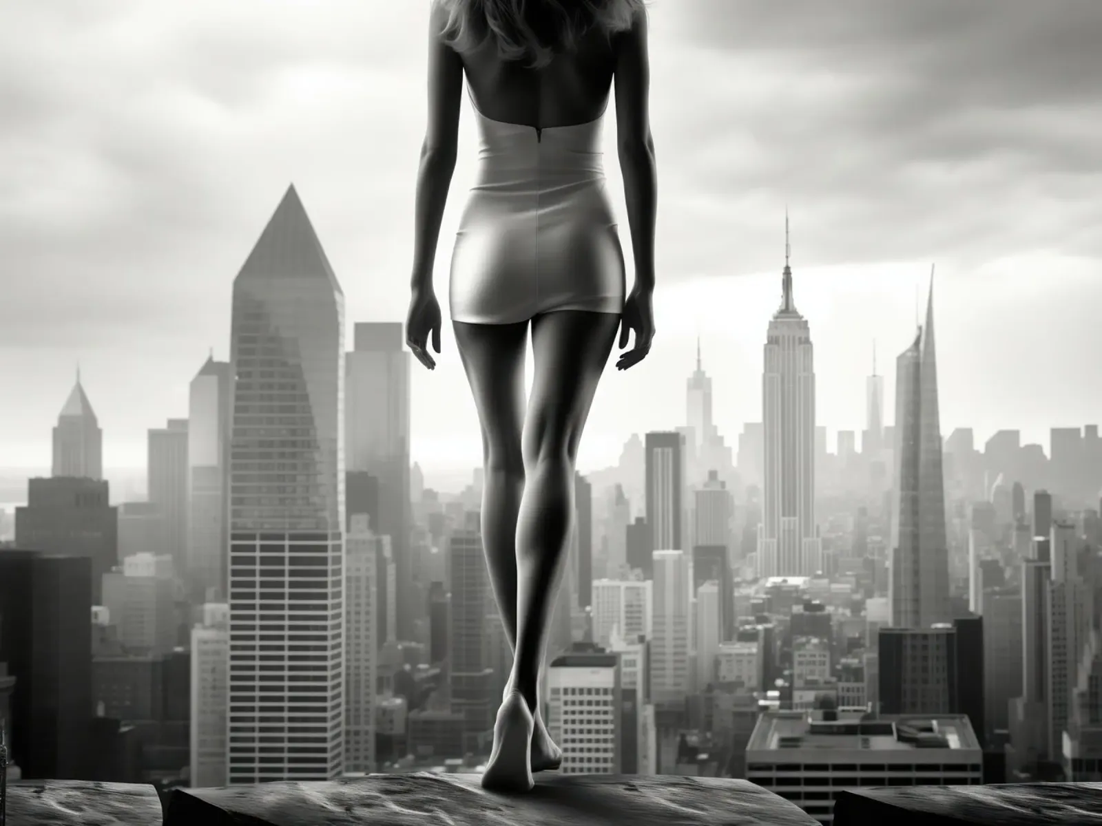 New York City Skyscraper and Long Legs poster con telaio in plastica da Autofocus