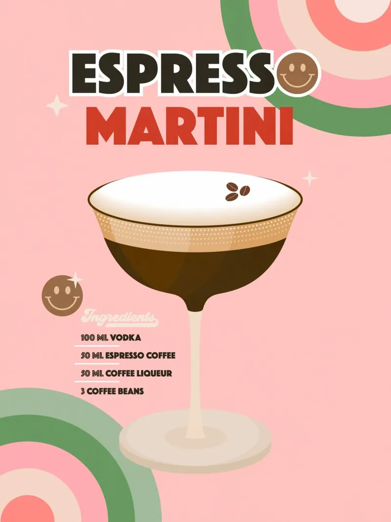 Espresso Martini - Retro Minimalist Cocktail Kunst auf Rosa Poster mit Kunststoffrahmen von Dominique Vari