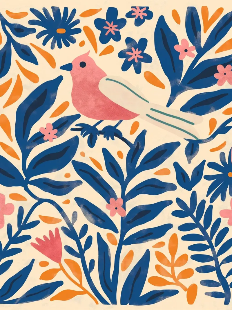Uccello carino Rosa Retro Vintage Botanico Primavera Fiore Piante pellicola backlit da Gentle Echoes Art