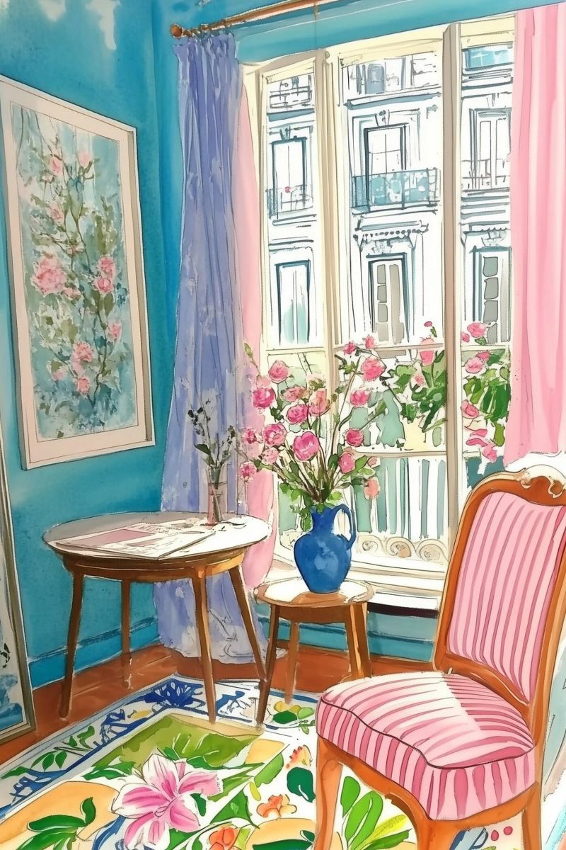 Chambre florale avec vue sur Paris poster de Melloi Art Print