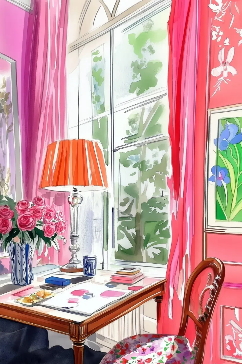 Lebendiger Arbeitsbereich mit rosa Rosen Leinwand mit Schattenfugenrahmen von Melloi Art Print