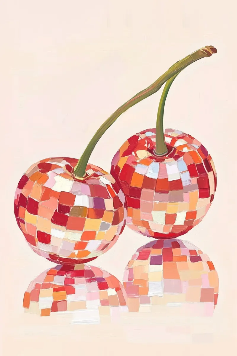 Disco Ball Kirschen Kunst Poster mit Kunststoffrahmen von Melloi Art Print