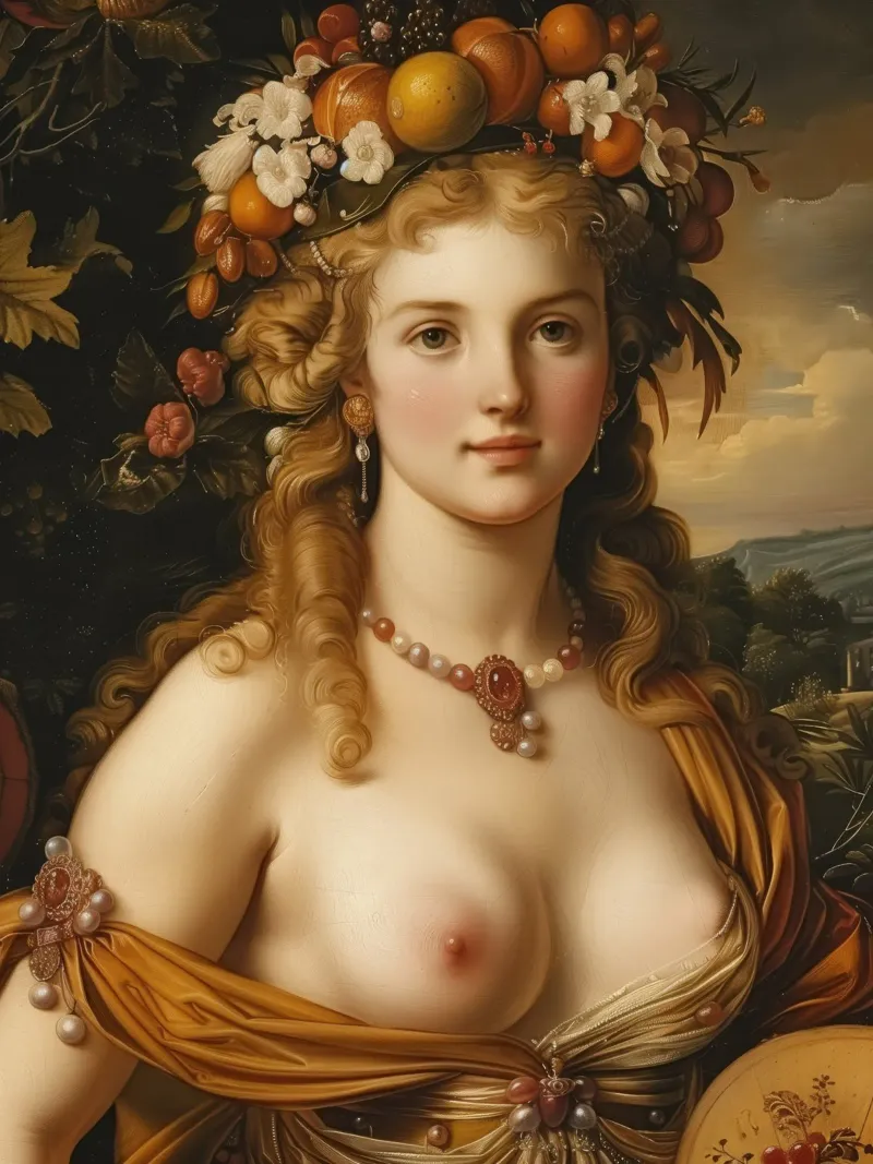Ritratto di giovane donna in autunno nello stile degli antichi maestri poster con telaio in legno da Autofocus