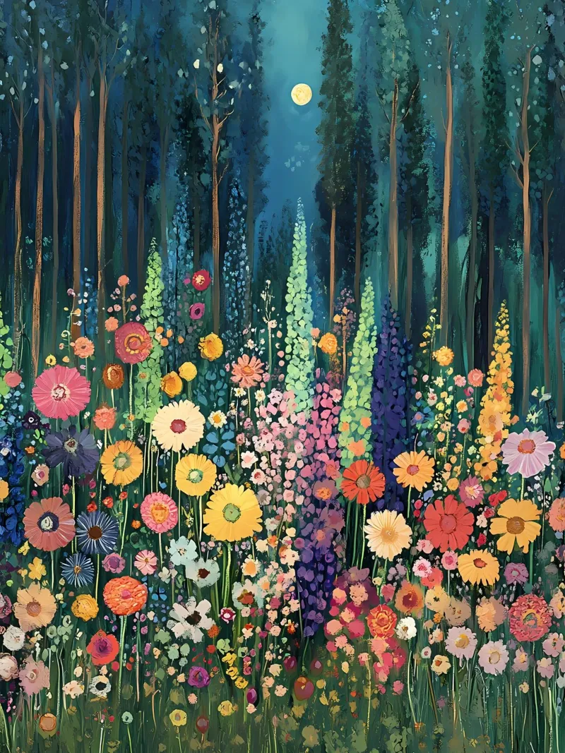 Prato di fiori selvatici al chiaro di luna poster con telaio in legno da IamHomeStudio