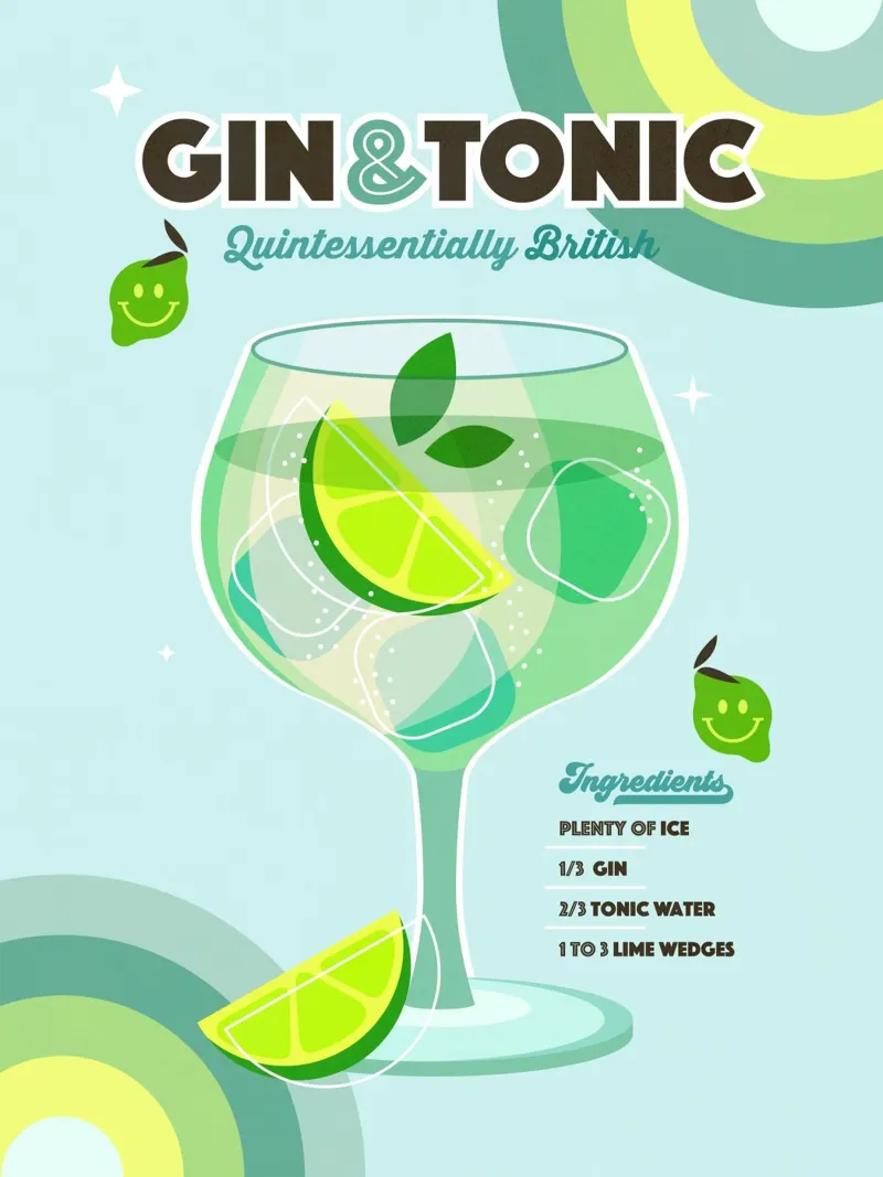 Gin & Tonic - Cocktail inglese minimalista retrò Arte su blu alluminio dibond da Dominique Vari